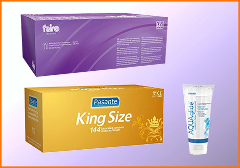 1 Caja FAIRE 144 preservativos + 1 Caja PASANTE KING SIZE 144 preservativos + 1 Agua Glider 200 ml