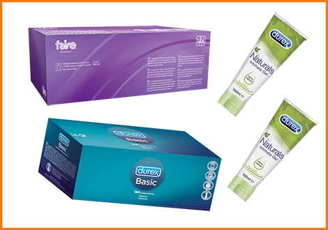 Una caja DUREX BASIC 144 Preservativos + Una caja Faire Romance 144 Preservativos + 2 Durex Natural Gel 100 ml