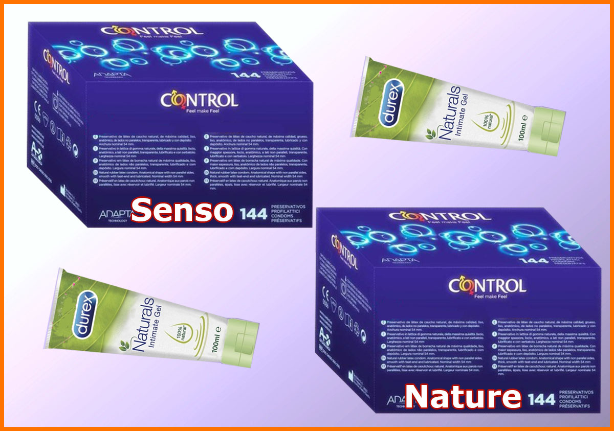 1 Caja CONTROL SENSO 144 preservativos + 1 Caja CONTROL NATURE 144 preservativos + 2 Durex Natural Gel 100 ml 