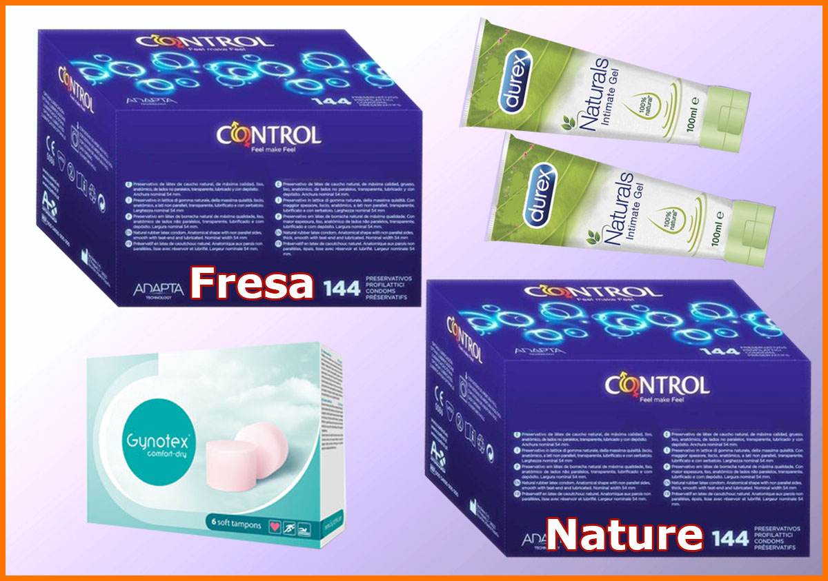 1 Caja CONTROL NATURE 144 preservativos + 1 Caja CONTROL FRESA 144 preservativos + 1 Gynotex 6 dry soft tampons + 2 Durex Natural Gel 100 ml