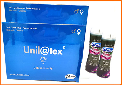 2 Cajas UNILATEX Natural 144 Preservativos + 2 Durex Play Perfect Glide 50ml Gel 100ml